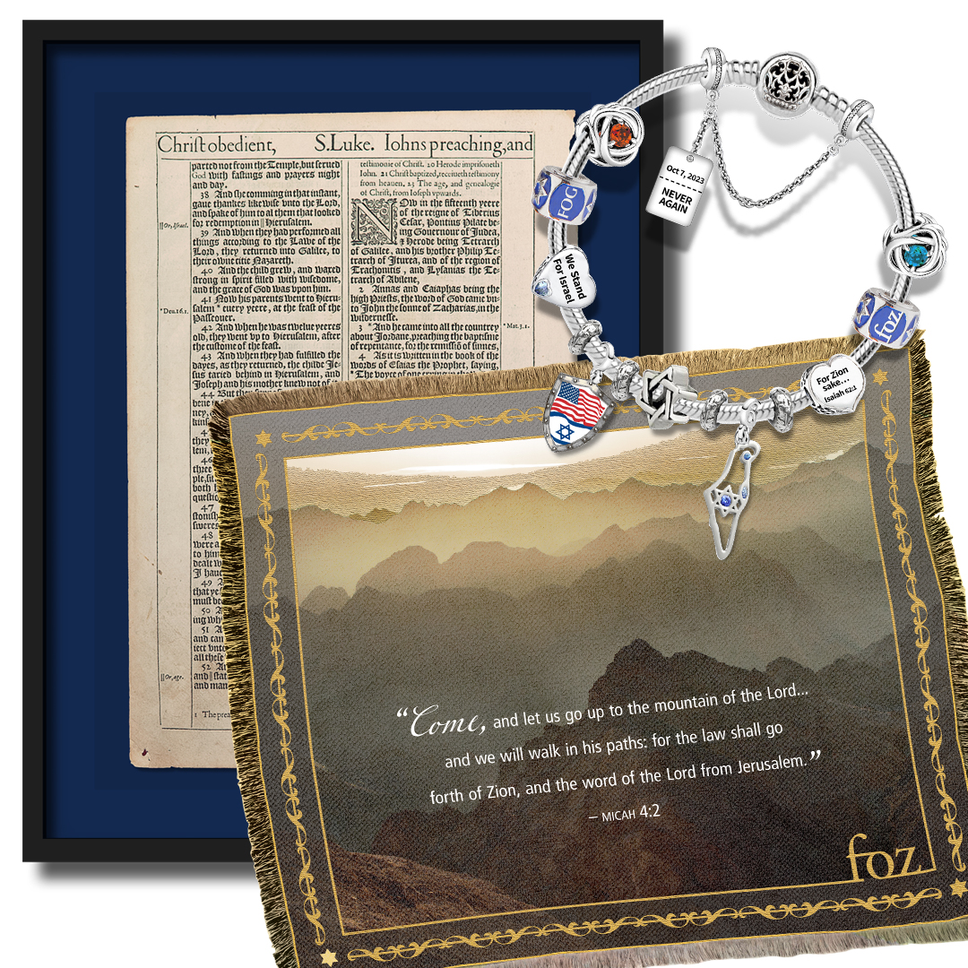 King James Bible page, a Micah 4:2 afghan, and an Israeli solidarity bracelet