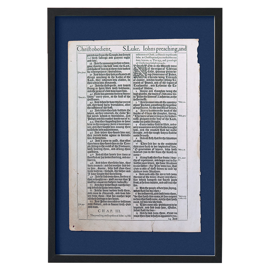 Framed page from a First Edition 1611 King James Bible