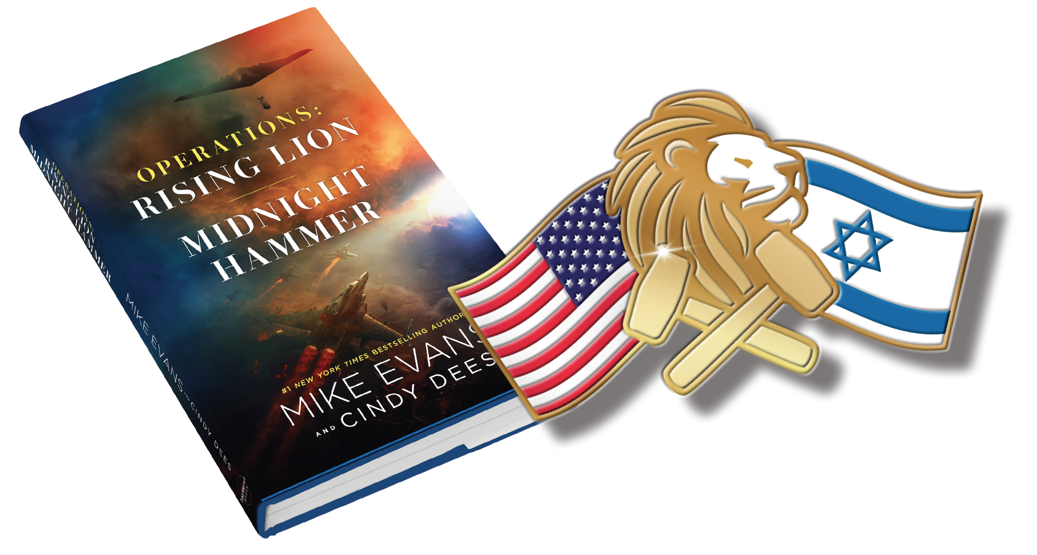 Operations Rising Lion and Midnight Hammer paperback book and the lapel pin