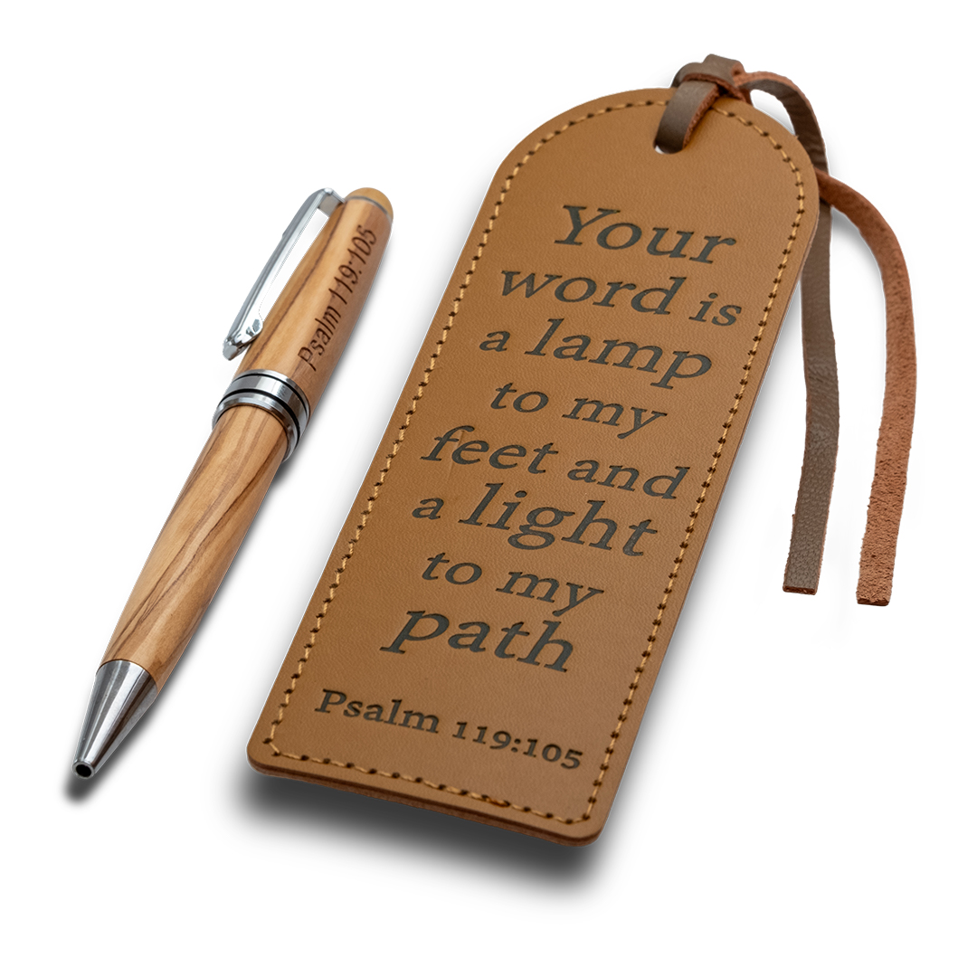Olivewood Pen and Leather Bookmark Set